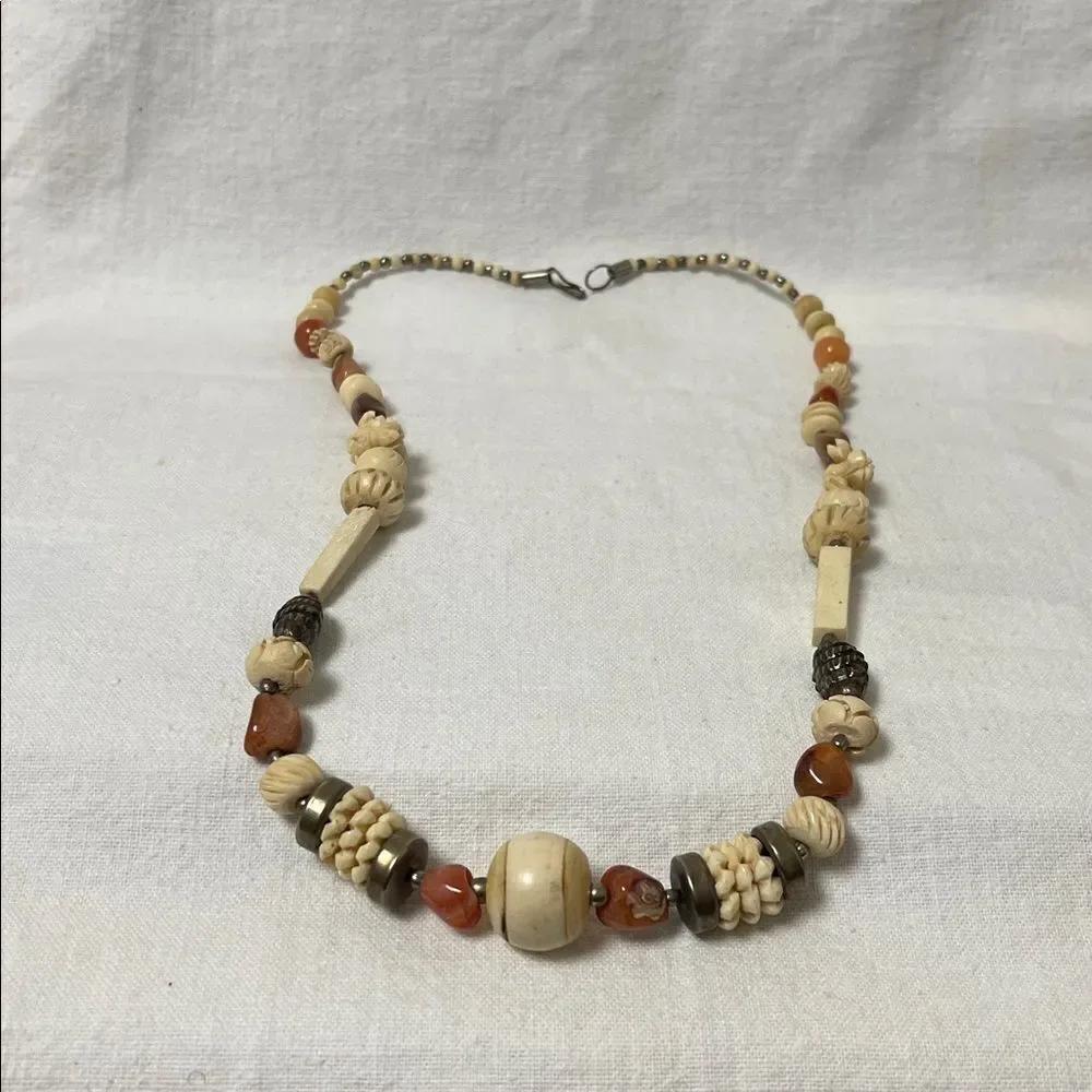 Vintage Beaded Necklace with Earthy Tones 13 1/2” long.